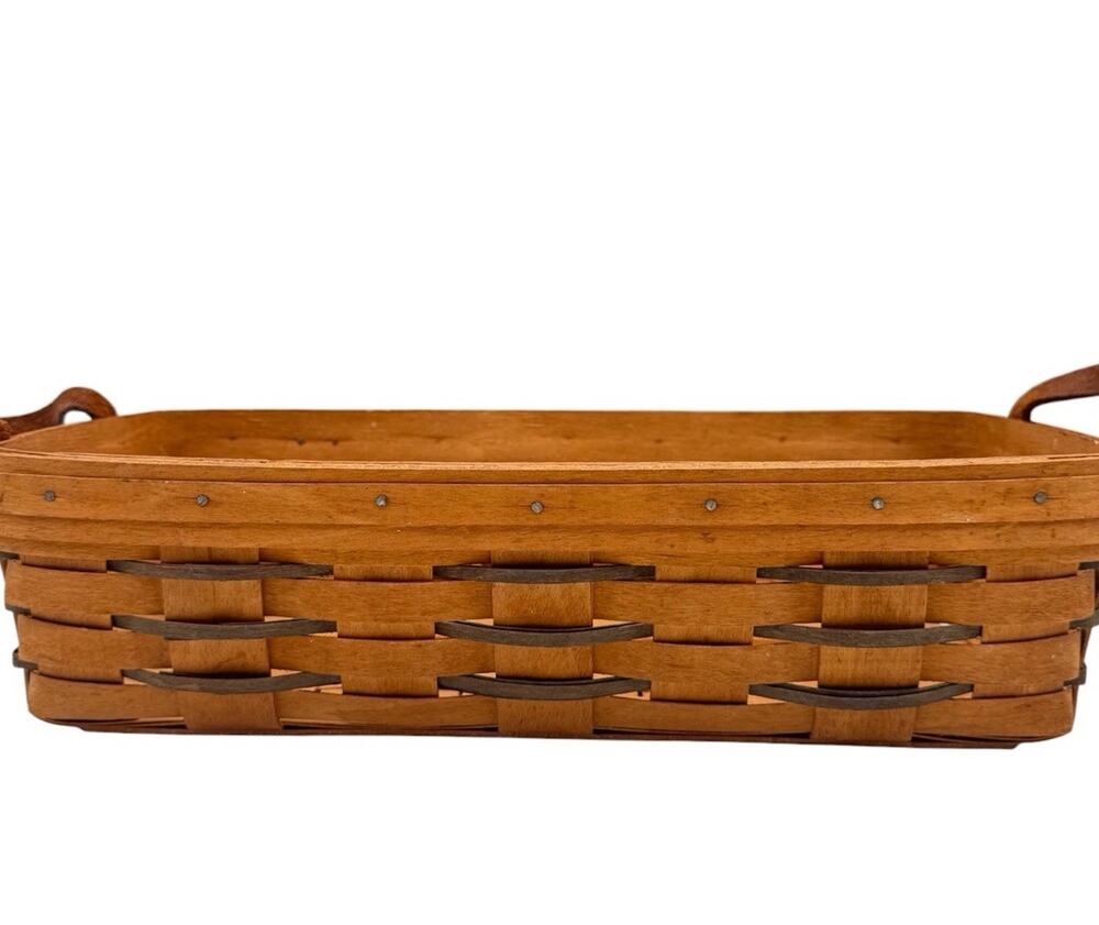 Vintage 1991 Longaberger Bread Basket 14" Oblong Leather Handles Brown Signed
